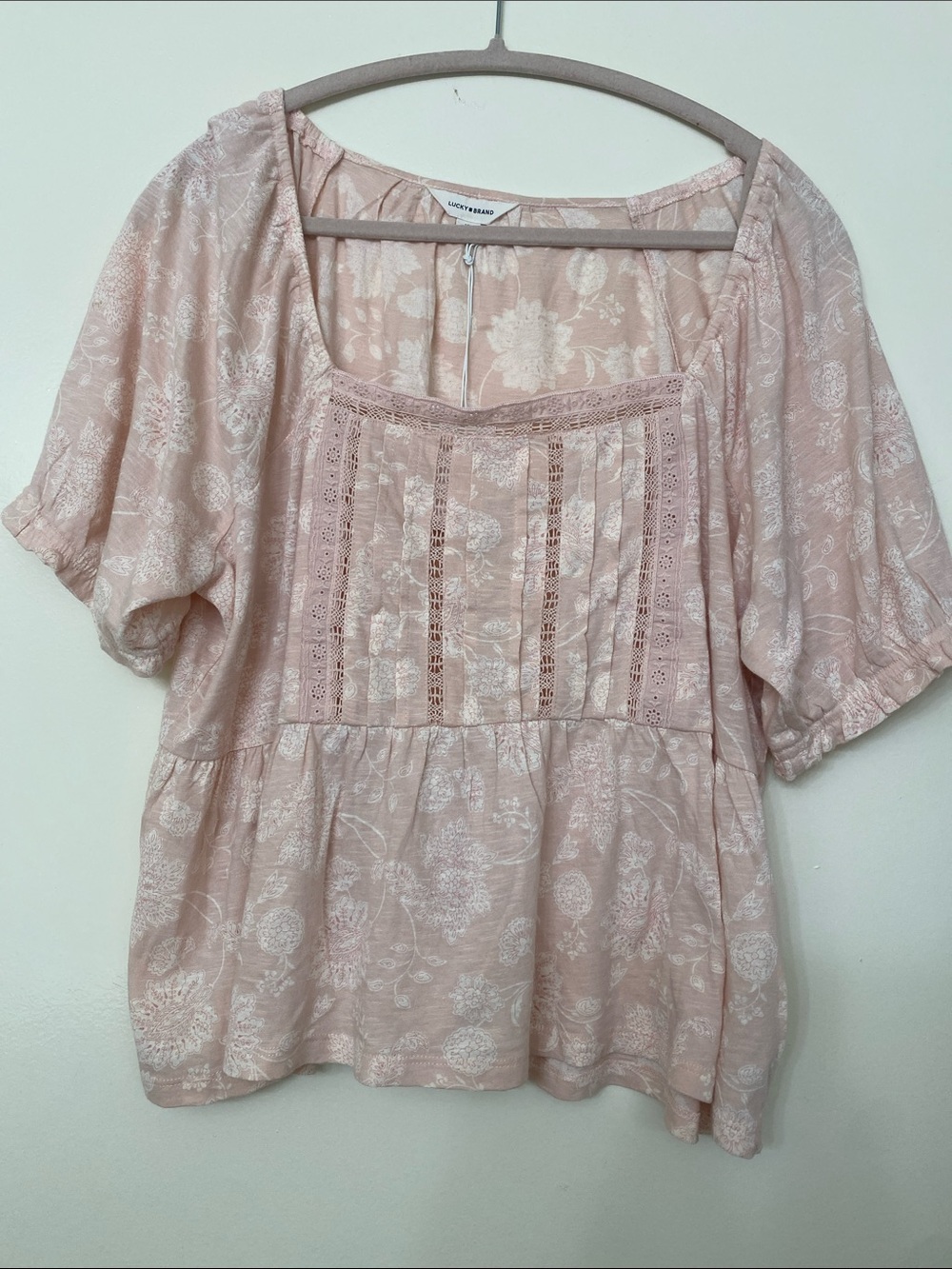 Lucky Brand Blush Pink Floral Lace-Panel Peasant Top